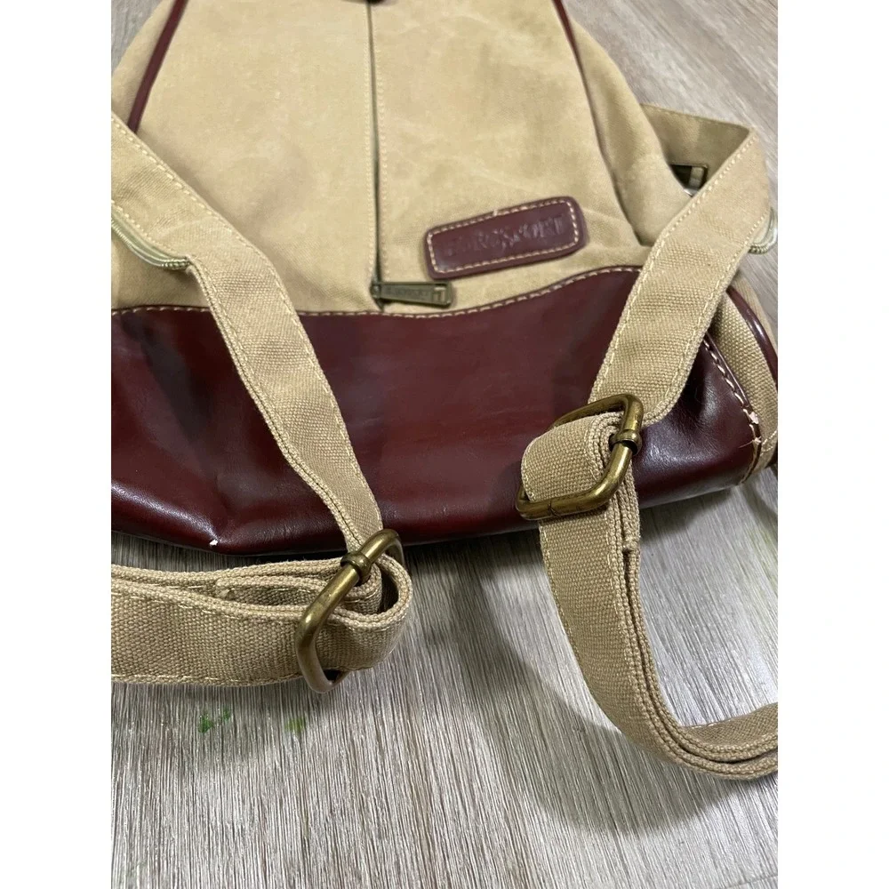 Eurosport Canvas‎ Sling Backpack Tan Brown Faux Leather Zip Vintage Travel
